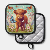 Manique Vache Highland avec papillons et fleurs printanièr (Recto/Verso)