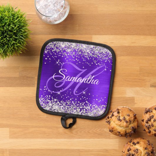 Manique Violet Violet Pourpre Pailleté Argent Monogrammé F (De haut en bas)