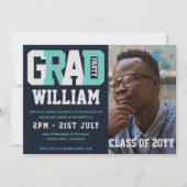 Mannelijk AFSTUDEREN PHOTO-uitnodiging Blue Turquo Kaart (Voorkant)