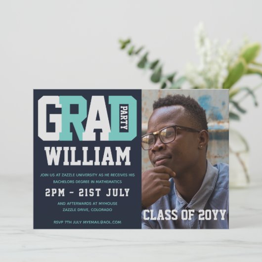 Mannelijk AFSTUDEREN PHOTO-uitnodiging Blue Turquo Kaart (Staand voorkant)