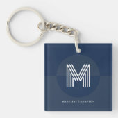 Mannelijk marineblauw geometrisch modern monogram sleutelhanger (voorkant)