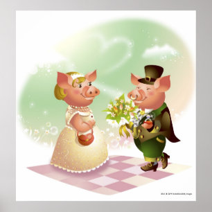 Mannelijk varken geeft bloemen aan een vrouw varke poster