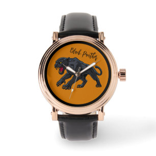 Mannelijk, Zwarte Panter, Oranje Achtergrond Horloge