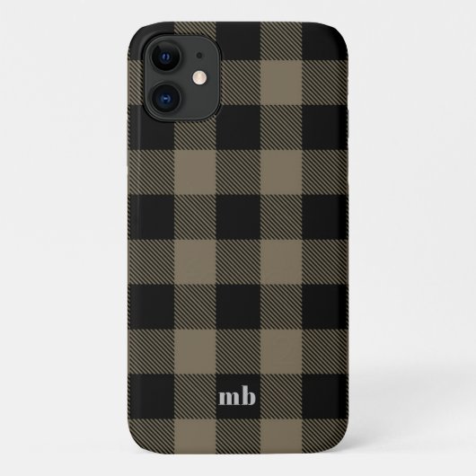 Mannelijke Black Brown Buffalo Plaid Naam Initiale Case-Mate iPhone Case (Achterkant)