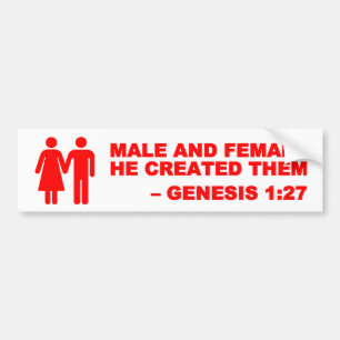 Mannelijke en Vrouw Gen. 1:27 Bumpersticker - Rood