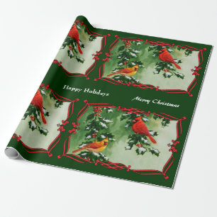 Mannelijke en vrouwelijke kardinalen groen cadeaupapier