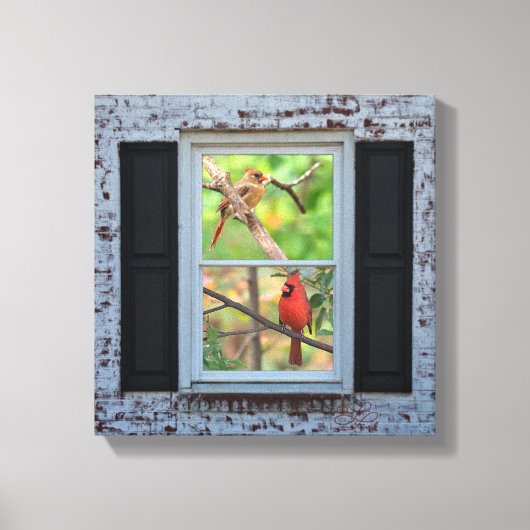 Mannelijke en Vrouwen kardinalen in raam / baksten Canvas Afdruk (Voorkant)