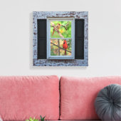 Mannelijke en Vrouwen kardinalen in raam / baksten Canvas Afdruk (Insitu (Woonkamer))