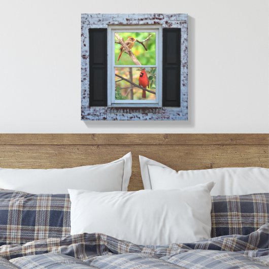 Mannelijke en Vrouwen kardinalen in raam / baksten Canvas Afdruk (Insitu (Slaapkamer))