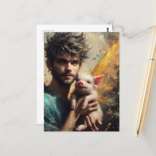 Mannelijke fee met baby varken briefkaart