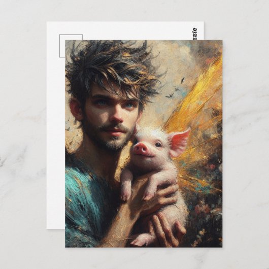 Mannelijke fee met baby varken briefkaart (Voorkant / Achterkant)