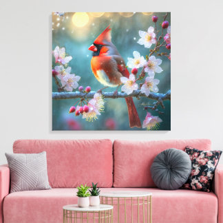 Mannelijke kardinaal in de Moonlight Cherry Blosso Canvas Afdruk
