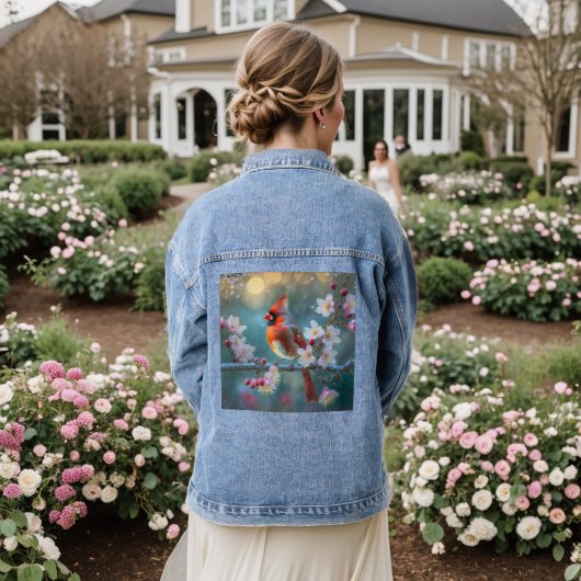 Mannelijke kardinaal in de Moonlight Cherry Blosso Denim Jacket (Huwelijk Achterkant)