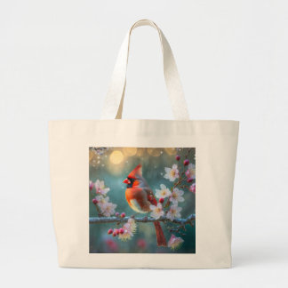 Mannelijke kardinaal in de Moonlight Cherry Blosso Grote Tote Bag