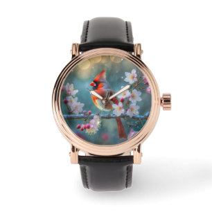 Mannelijke kardinaal in de Moonlight Cherry Blosso Horloge