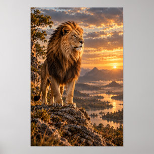 Mannelijke Leeuw op Rotsachtig Uitkijkpunt bij Gou Poster