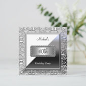 Mannen 40th Birthday Party Invitation White Silver Kaart (Staand voorkant)
