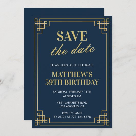 Mannen 59ste verjaardag Uitnodigingen Save the dat (Voorkant / Achterkant)