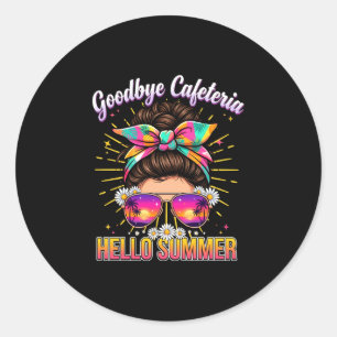 Mannen afscheid cafetaria hallo zomer lunchdame ronde sticker