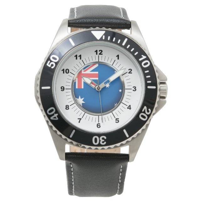 Mannen Australië Vlag Zwart Leren Strap Horloge (Voorkant)