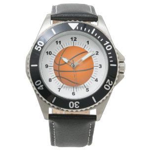 Mannen Basketball Staal Zwart Lederen horloge