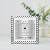 Mannen Birthday Party Silver Invitation Kaart (Staand voorkant)