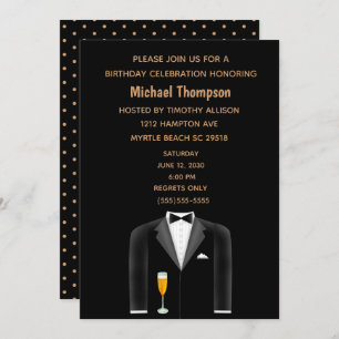 Mannen Black Gold Tux Birthday Party Invitation Kaart