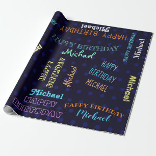Mannen donkerblauw Happy Birthday Name Aangepast Cadeaupapier