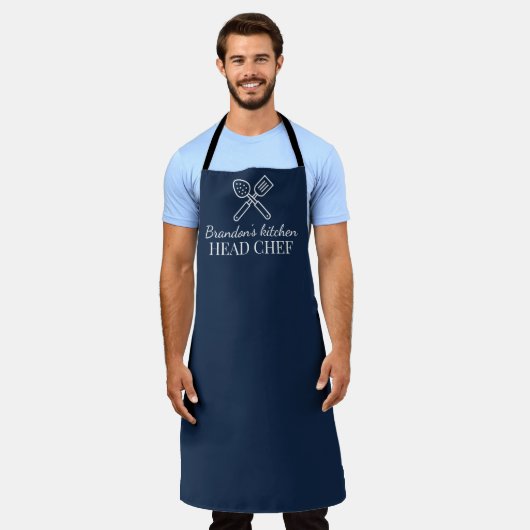 Mannen Elegant Marine Blauw Chef Naam Modern Eenvo Schort (Gedragen)