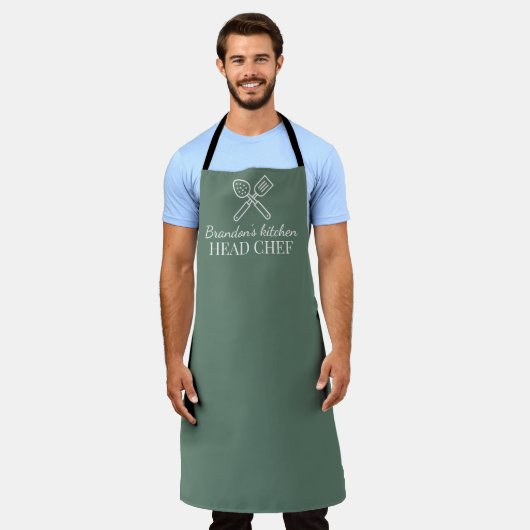 Mannen Elegant Sage Groene Chef Naam Modern Eenvou Schort (Gedragen)