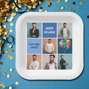Mannen fotocollage aangepaste blauw verjaardagsfee papieren bordje