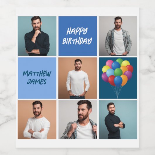 Mannen fotocollage aangepaste blauw verjaardagsfee wijn etiket (Enkel label)