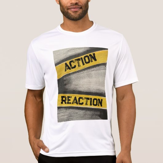 Mannen geel & grafiet "Actie en reactie" T-shirt (Voorkant)