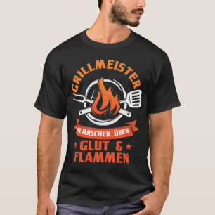 Mannen Grillmeister heerser over gloed vlammen gri T-shirt