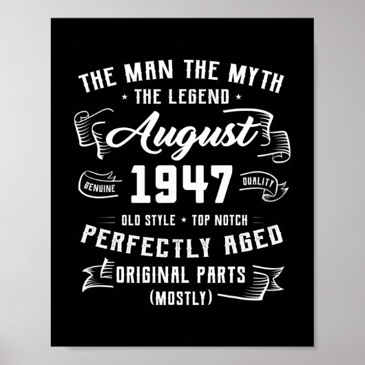 Mannen Man Myth Legend augustus 1947 75th Birthday Poster (Voorkant)