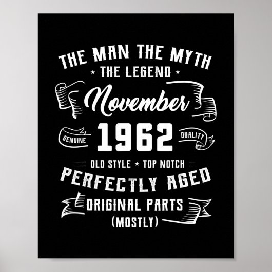Mannen Man Myth Legend november 1962 60th Birthday Poster (Voorkant)