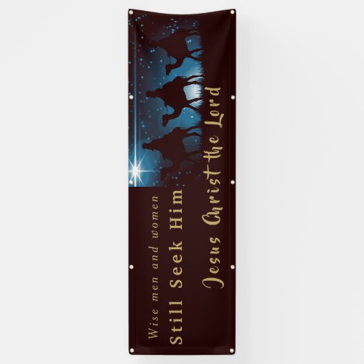 Mannen met kerstbanners en vrouwen die hem zoeken spandoek (Verticaal)