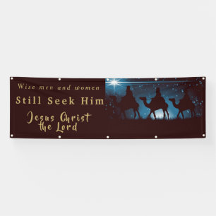 Mannen met kerstbanners en vrouwen die hem zoeken spandoek