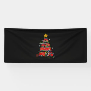 Mannen met kerstbomen voor brandweerlieden spandoek