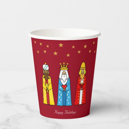 Mannen met kerstmis en gouden sterren op rood papieren bekers (Achterkant)