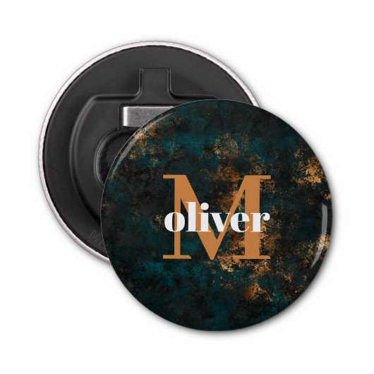 Mannen monogram goud en zee Blauwgroen Button Flesopener (Voorkant)