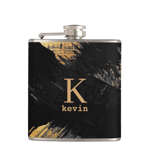 Mannen monogram modern zwart goud gepersonaliseerd heupfles (Voorkant)