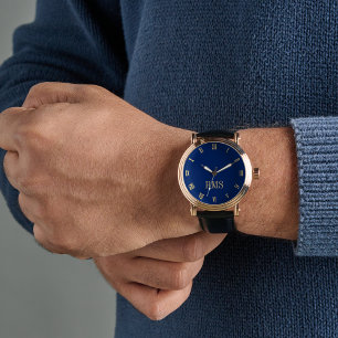 Mannen Navy Blue Gold Monogram Zwart Lederen Strap Horloge