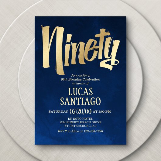 Mannen Navy Gold 90e verjaardag uitnodiging