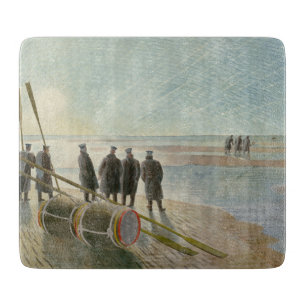 Mannen op het strand (gevaarlijk werk bij lage tem snijplank