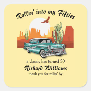 Mannen Retro Klassiek Blauw Auto Woestijn 50e Verj Vierkante Sticker