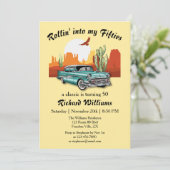 Mannen retro klassieke blauwe autowoestijn 50e ver kaart (Staand voorkant)