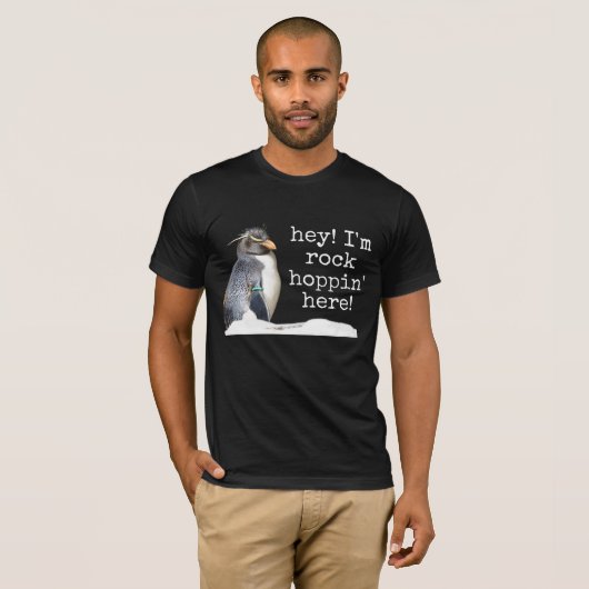 Mannen rockhopper pinguïn "hey ik hoppin" shirt (Voorkant volledig)
