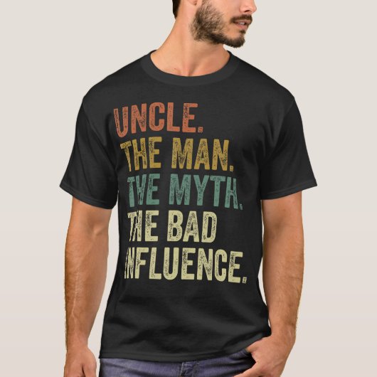 Mannen  vun oom Man Myth Bad Influence Funn T-shirt (Voorkant)