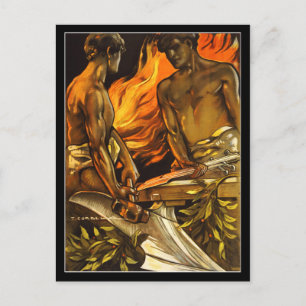 Mannen zonder knieën die werken op een forge briefkaart